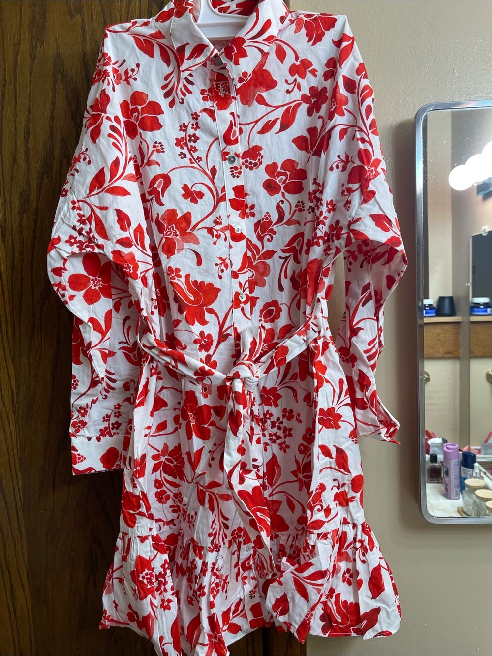 Zara Red Floral Button-Down Shirt Dress with Tie Waist